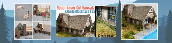 Modellbau Laser Cut Bausatz Kanada Blockhaus bzw. Farmhaus in 1:35 für Diorama. Hochwertiges Kit aus Holz um selberbauen nach Bauanleitung.