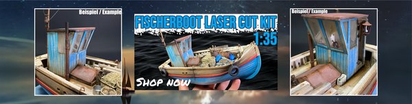 Laser Creation-World Modellbausatz aus Holz zum selberbauen. Schöner Laser Cut Bausatz mit 3D Druck Objekten und vielen Details. Tolles Fischerboot im Maßstab 1:35.